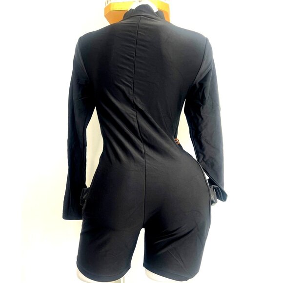 Black Cut-Out Long Sleeve Sexy Romper Cut Out Bodysuit Sexy Shorts Size Small - Picture 3 of 11